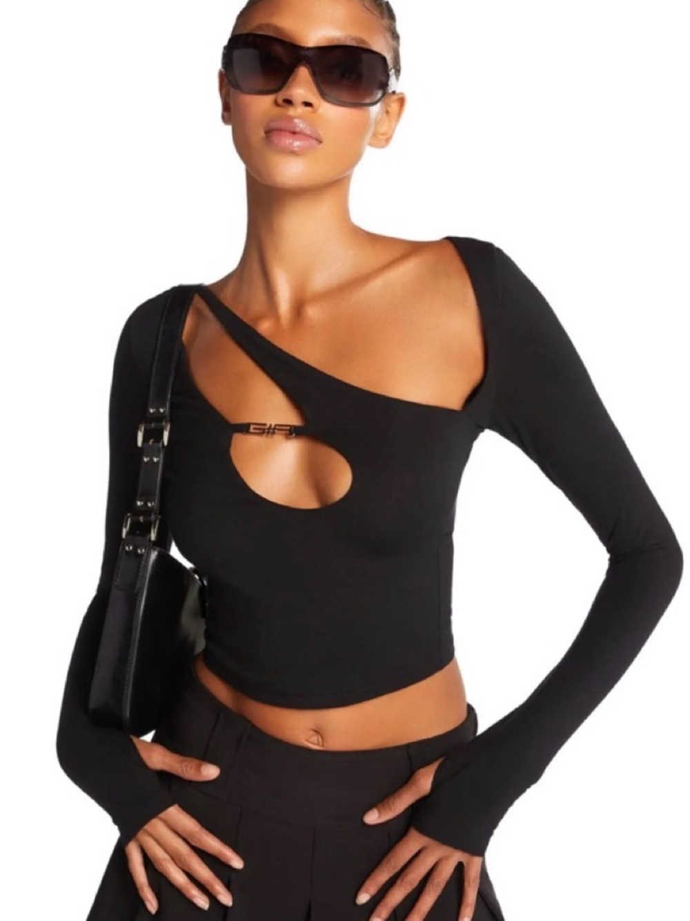 I.AM.GIA Black Asymmetric Cutout Long Sleeve Top